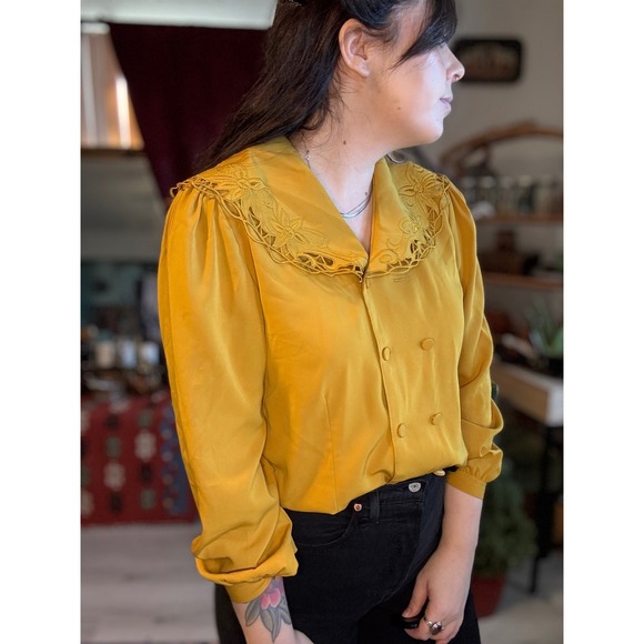 Express Tops - Vintage Express Mustard Yellow Embroidered Collar Cottagecore Blouse